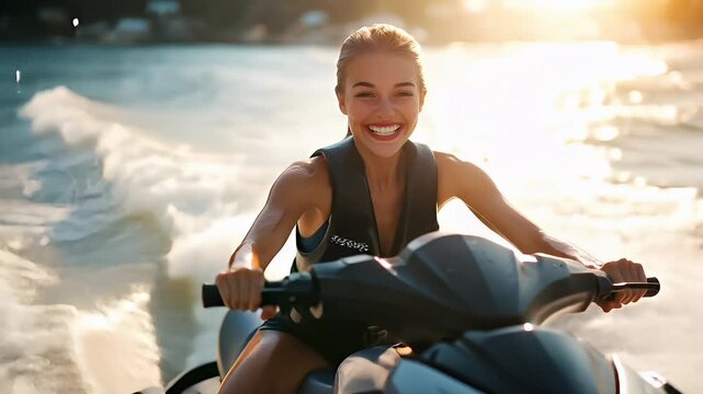 A woman riding a jet ski on a body of water during the golden hour.