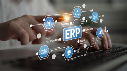 A close-up view of hands typing on a keyboard with connected icons representing ERP systems and business processes like planning and payroll for digital management. Tessel