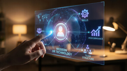 Hand pointing at holographic display showcasing modern HR technology, including skills, performance metrics, and team structure, conveying innovation and digital transformation