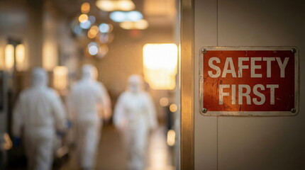 A prominent 'SAFETY FIRST' sign on a door, with blurred medical professionals in PPE walking down a hospital corridor, highlighting health and protection protocols.