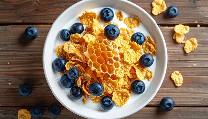 Delicious breakfast cereal topped with fresh blueberries and honeycomb sits in a white bowl on a wooden table