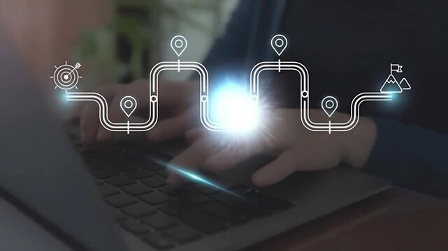 Business and Project Roadmap Concept. Typing on a laptop with roadmap overlay representing steps in a project or strategic planning process. Waypoint icons and ends with   goal achievement. 4k video