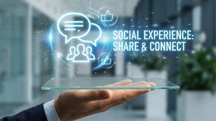 Social media concept with hand holding transparent digital tablet and glowing icons for sharing, connecting, and communication