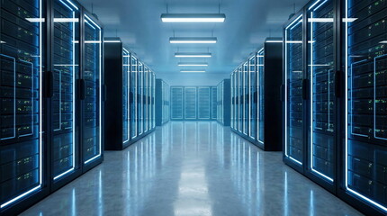 Futuristic data center with glowing server racks. A symbol of cloud computing, big data, and advanced digital technology infrastructure.