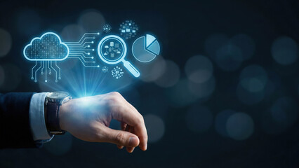 Cloud computing data analysis concept with hand, magnifying glass, pie chart, and digital icons glowing on dark background