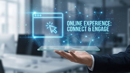 Online experience concept with digital interface and hand holding transparent tablet, futuristic technology for connection and engagement