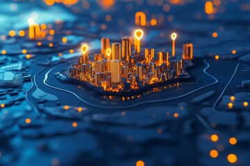 Futuristic Cityscape Illuminated Buildings on a Digital Topographical Map of Geoinformatics Design