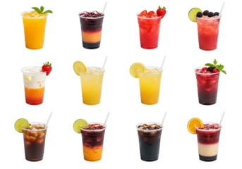 Twelve colorful refreshing fruit drinks in plastic cups with fruit. png isolated on transparent background