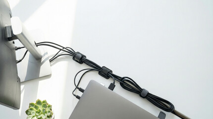 organized office desk with cable management for monitor and laptop setup in bright daylight