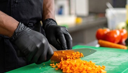 Chef in black gloves chopping fresh carrots on a green cutting board in a professional kitchen.