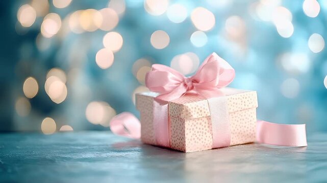 Winter holiday celebration concept. Christmas New Year. pink polka dot gift box with pink ribbon and bow.