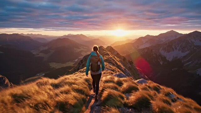 Woman hiking on mountain trail at sunset. Aerial drone view of backpacker in teal jacket exploring rugged peaks. Outdoor adventure and nature journey concept.
