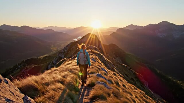Woman hiking on rocky mountain trail at sunset. Backpacker exploring scenic valley landscape. Aerial drone view of outdoor adventure and nature exploration.