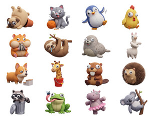 Naklejka premium Funny 3D Animal Character Set with Crazy Expressions