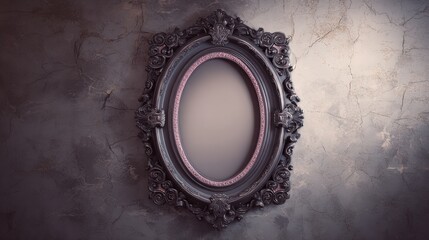 A black framed oval mirror with a pink border