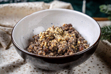 Traditional Christmas kutia in festive bowl