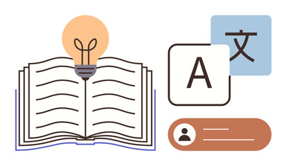 Open book with lightbulb symbolizing knowledge, language translation elements, and user profile graphic. Ideal for education, learning, creativity, translation, language study, personal growth