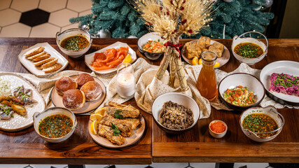 Traditional Ukrainian Christmas feast on festive table