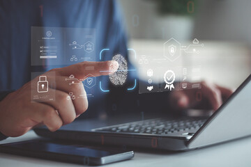 Man using biometric fingerprint scanning technology for secure authentication, data protection, digital identity verification, cybersecurity access control, modern online privacy solution environment.