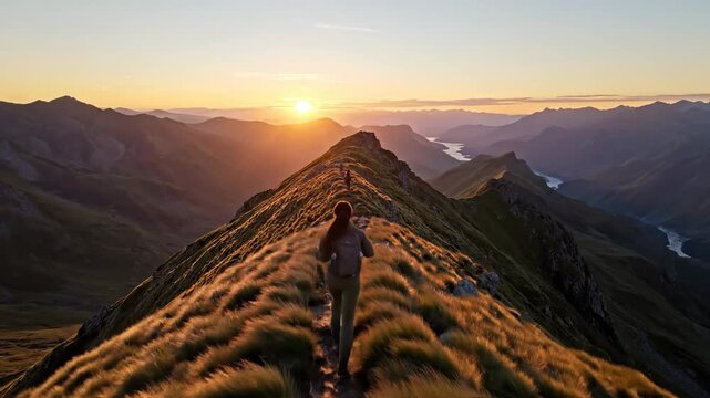 Woman hiking mountain trail at sunset. Aerial drone view of female adventurer on grassy ridge with rugged peaks and distant lake. Outdoor fitness and nature exploration concept