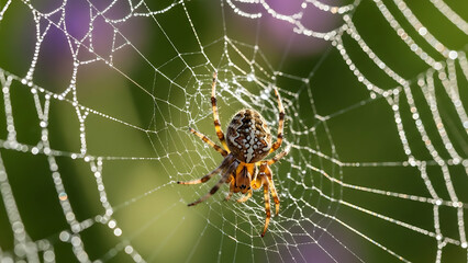 Detailed spider web with spider at center and soft green backdrop