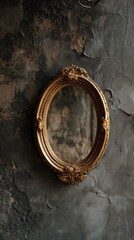 A gold framed mirror is hanging on a wall