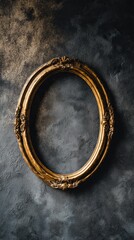 A gold framed oval picture frame sits on a wall