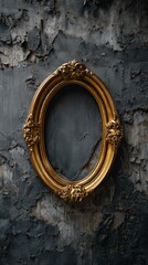 A gold framed oval sits on a wall with a grey background