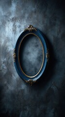 A blue oval framed mirror with gold trim