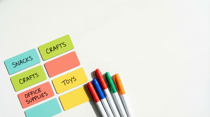 colorful labels and marker pens on white desk organized for office and craft supplies