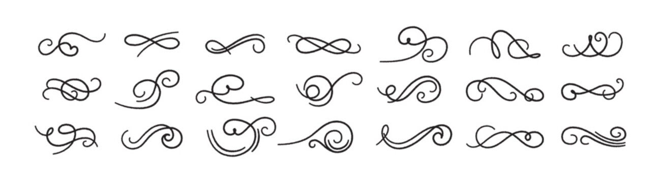 Vector Swirl Line Flourish Ornament Set. Curve Elegant Calligraphy Brush Swash. Hand-Drawn Elegant Vintage Line Element. Crayon Pencil Curve Florish.