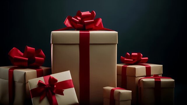 Winter holiday celebration concept. Christmas New Year. A3D rendered gift boxes with red ribbons and bows on dark background. The style is contemporary with a focus on realism.