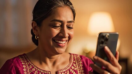 Indian woman viewing smartphone with worried expression in warm home lighting. Closeup portrait of mature female checking message on mobile device. Digital communication anxiety and concern concept - Powered by Adobe