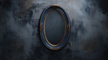 A blue framed mirror with a gold frame