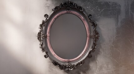 A black and gold framed mirror with a pink border
