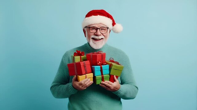 Winter holiday celebration concept. Christmas New Year. A man in a Santa hat holding a stack of colorful gift boxes against a blue background.