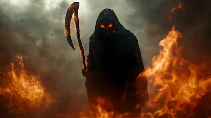 Halloween holiday promotion theme. Spooky scaring. A dark, hooded figure with glowing red eyes stands amidst a fiery backdrop. The figures face is obscured by a hood.