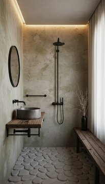 Modern Rustic Bathroom With Stone Floor Concrete Walls Wood Vanity And Black Fixtures Soft Light