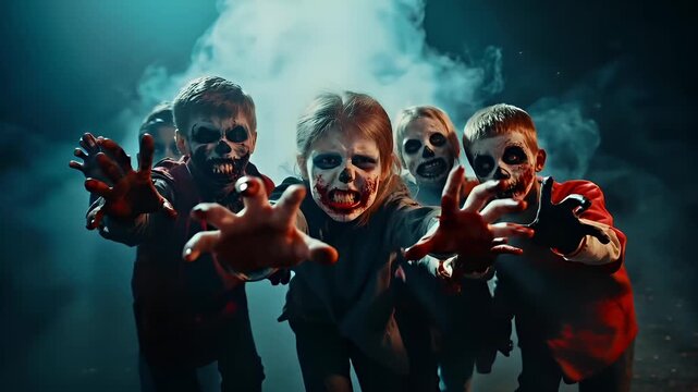 Halloween holiday promotion theme. Spooky scaring. A horrorthemed wallpaper featuring a group of children with zombie makeup, set against a dark, smoky backdrop.