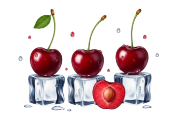 Photorealistic digital illustration of fresh red cherries on ice with water drops png isolated on transparent background