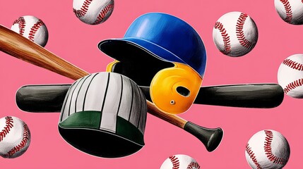 Baseballs and baseball bats are flying through the air. The baseballs are scattered all over the image, and the bats are in various positions. Scene is energetic and playful, as if the baseballs
