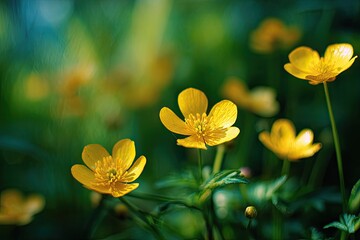 Close-up of bright yellow buttercups with green foliage in soft-focus natural light