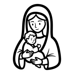 Virgin Mary holding Baby Jesus line art vector illustration Christian Nativity symbol