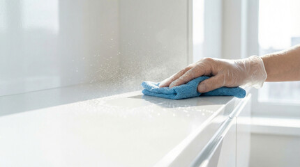 Fototapeta premium close-up of gloved hand cleaning kitchen countertop with blue microfiber cloth in sunlight