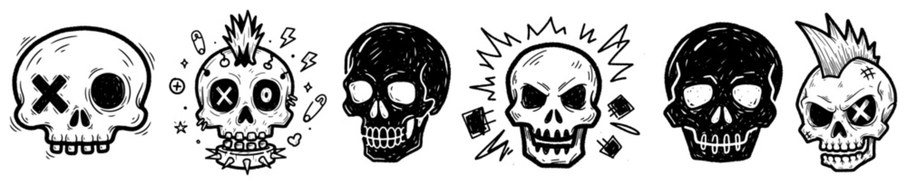 Set of hand drawn skulls including punk style with mohawk and gothic craniums vector illustration