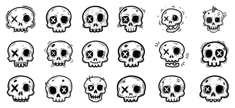 Hand drawn skull vector collection featuring funny and spooky skeleton heads in rough doodle sketch style for halloween or tattoo design