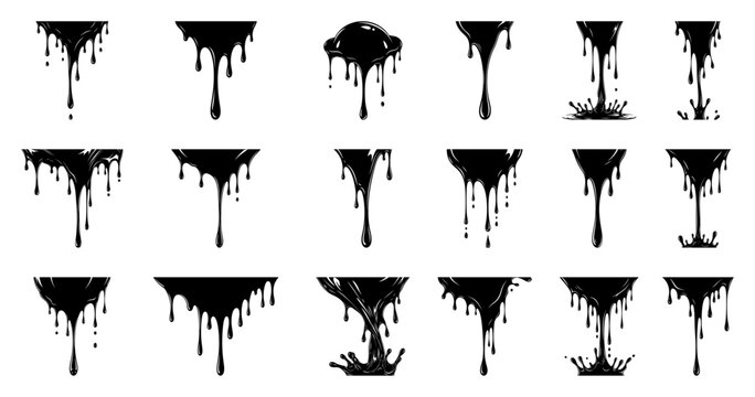 Set of dripping paint or liquid vector silhouettes black fluid drops and splashes collection