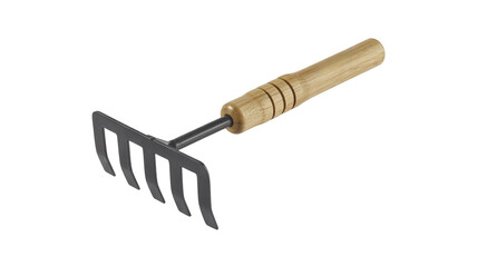 Small hand rake gardening tool with wooden handle for cultivation png isolated on transparent background