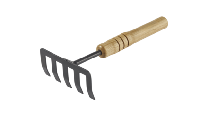 Small hand rake gardening tool with wooden handle for cultivation png isolated on transparent background