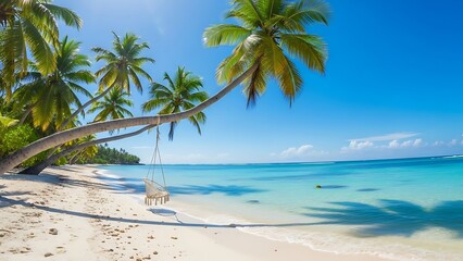 Fototapeta premium Idyllic tropical beach with white sand, turquoise ocean, and leaning palm trees under a clear blue sky, featuring a swing for relaxation.